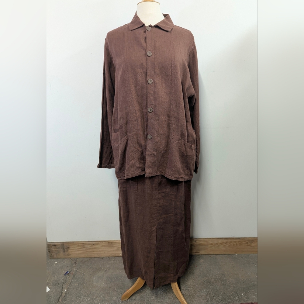 Vintage Flax Chocolate Brown Linen Set Button Down Shacket Skirt Langenlook S